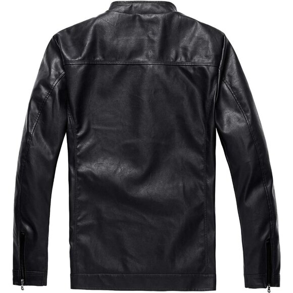 Men's Black1303 Stand Collar Leather Motorcycle Lightweight Faux Leather Jacket - Picture 2 of 7
